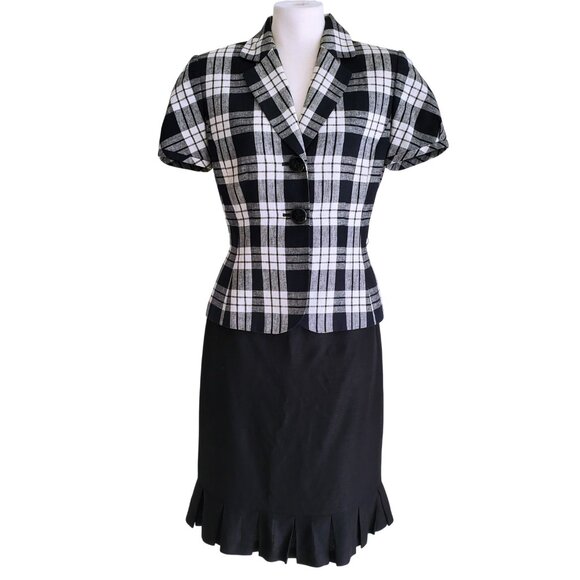 Tahari ASL Linen Blend Short Sleeve Plaid Black & White Skirt Suit Size 4 - Picture 1 of 16
